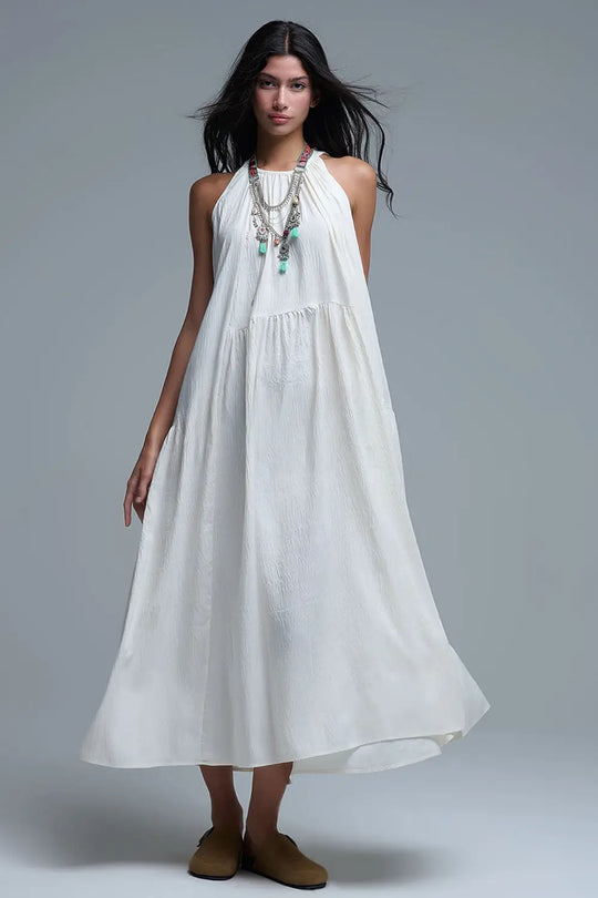 Robe longue à col licou et coutures apparentes en crème - Vestidos