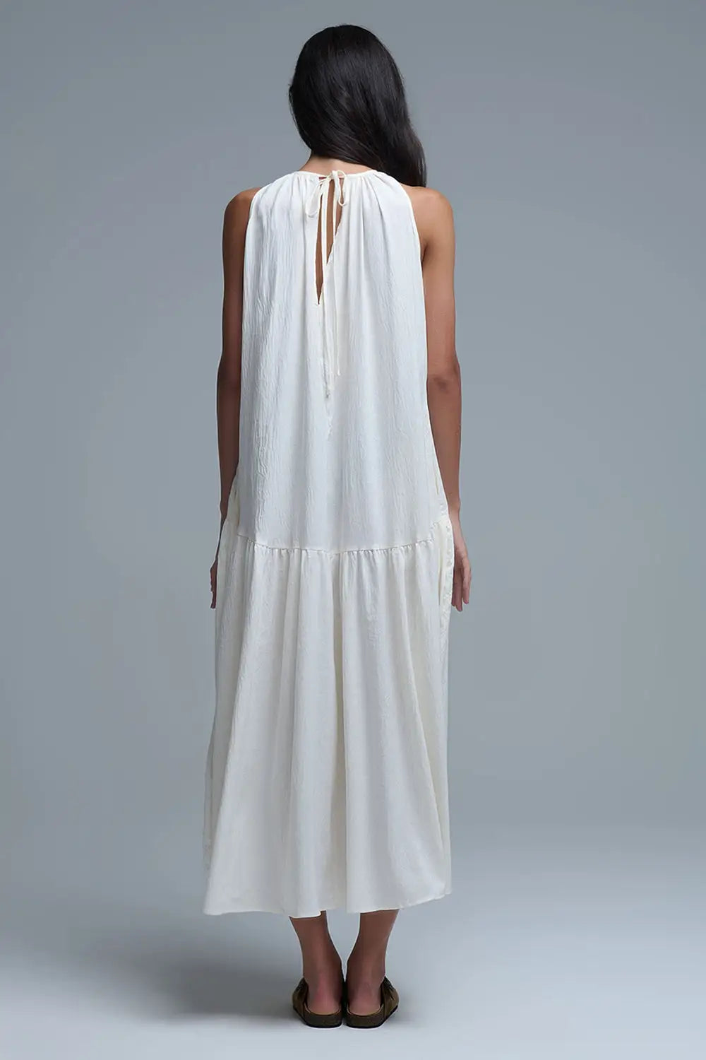Robe longue à col licou et coutures apparentes en crème - Vestidos
