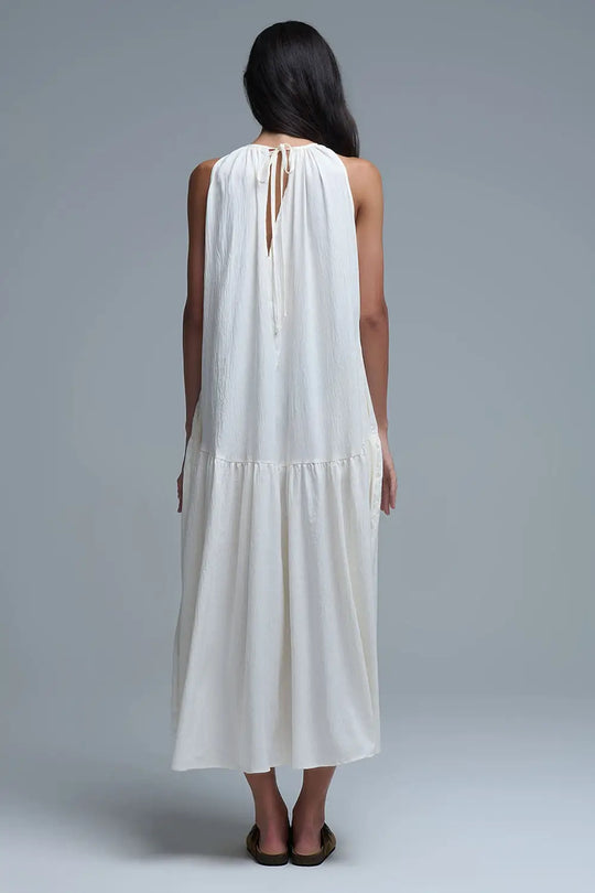 Robe longue à col licou et coutures apparentes en crème - Vestidos