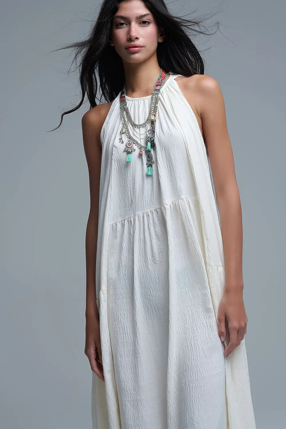 Robe longue à col licou et coutures apparentes en crème - Vestidos