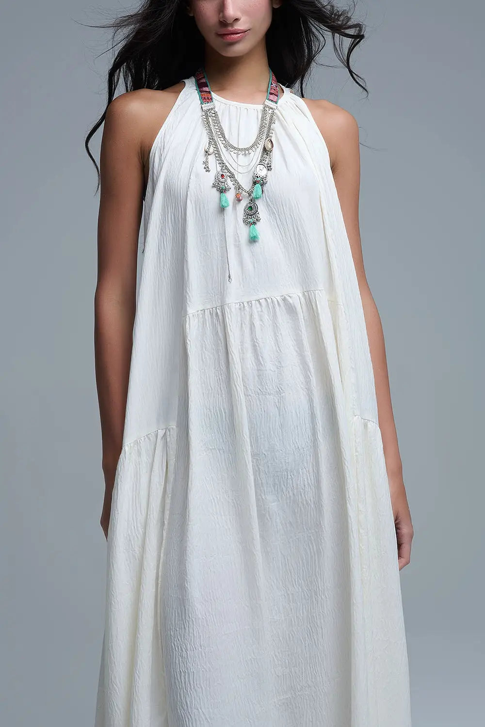 Robe longue à col licou et coutures apparentes en crème - Vestidos