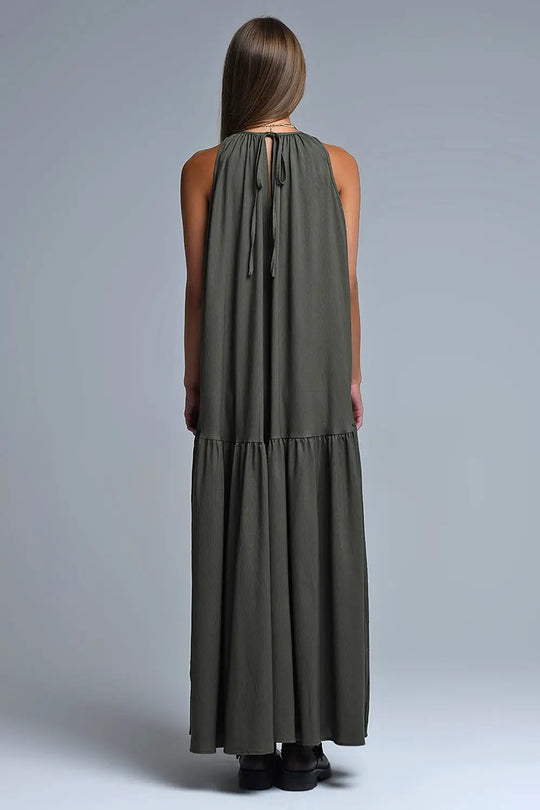 Robe longue à col licou et coutures apparentes en kaki - Vestidos