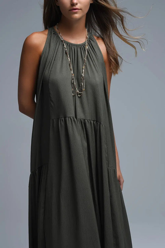 Robe longue à col licou et coutures apparentes en kaki - Vestidos
