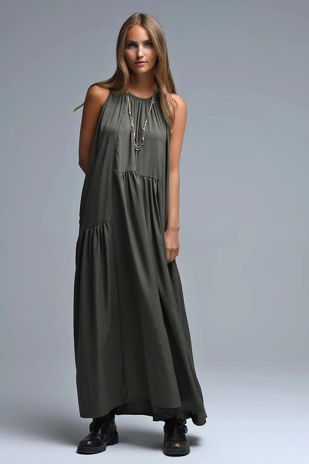 Robe longue à col licou et coutures apparentes en kaki - Vestidos