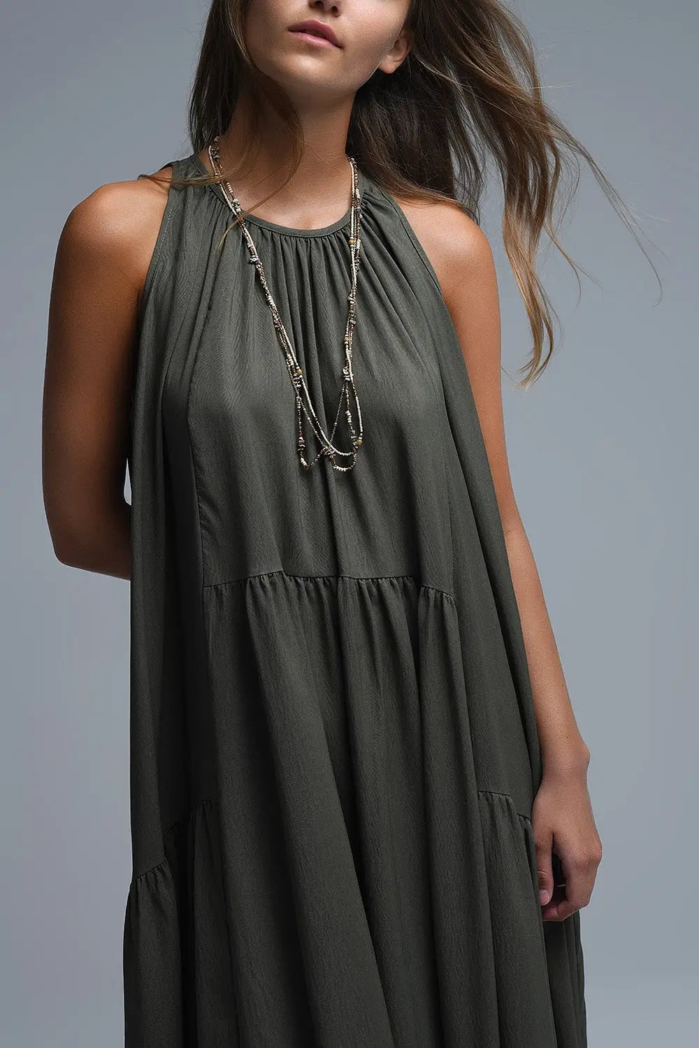 Robe longue à col licou et coutures apparentes en kaki - Vestidos