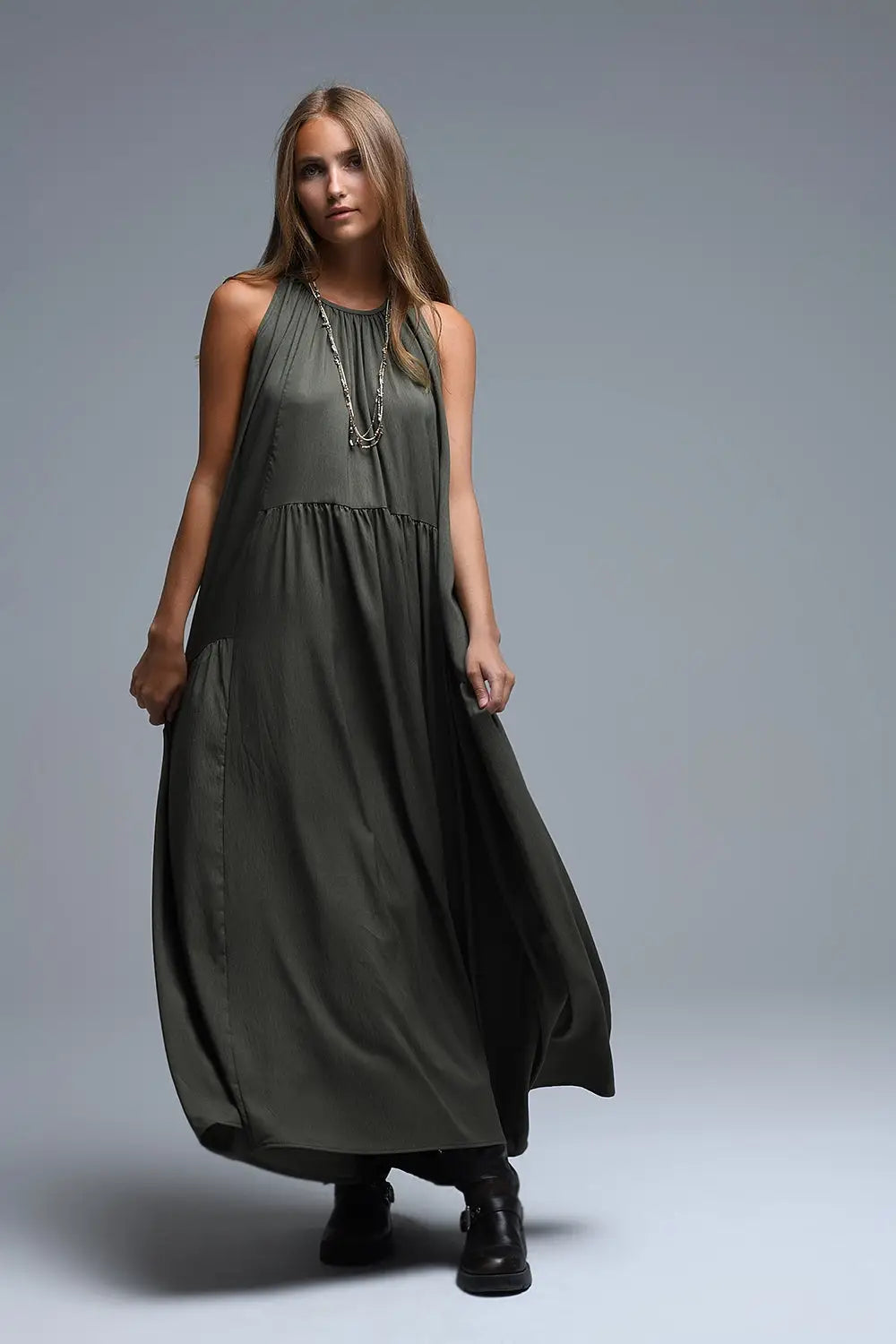 Robe longue à col licou et coutures apparentes en kaki - Vestidos