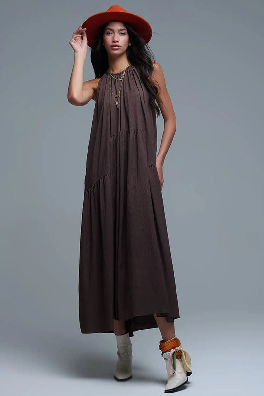 Robe longue à col licou et coutures apparentes marron - Vestidos