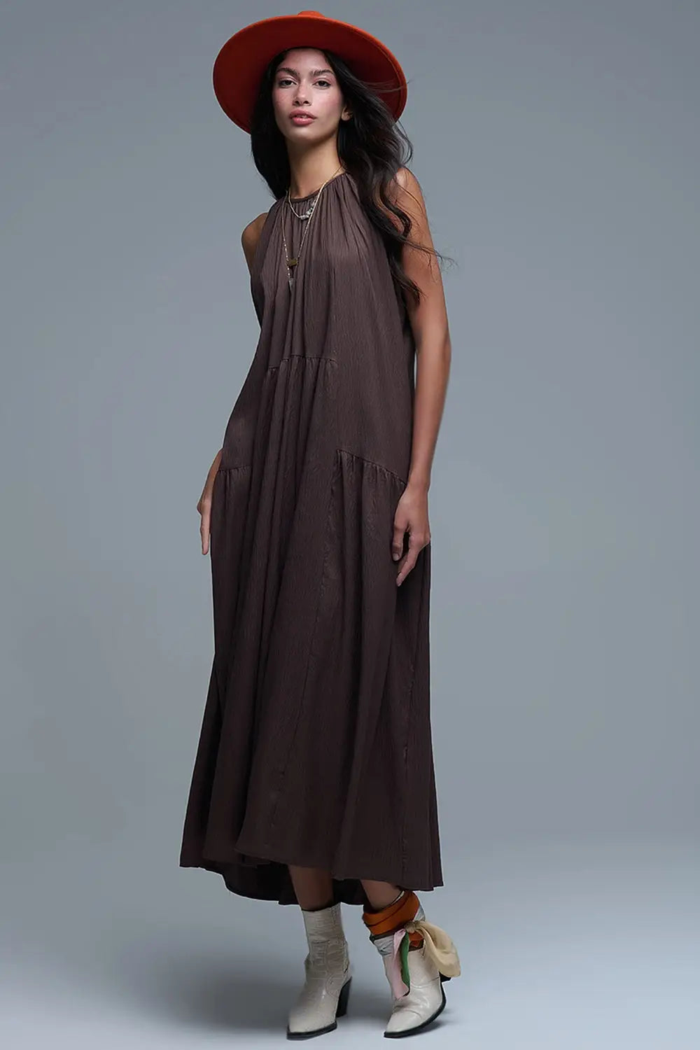 Robe longue à col licou et coutures apparentes marron - Vestidos