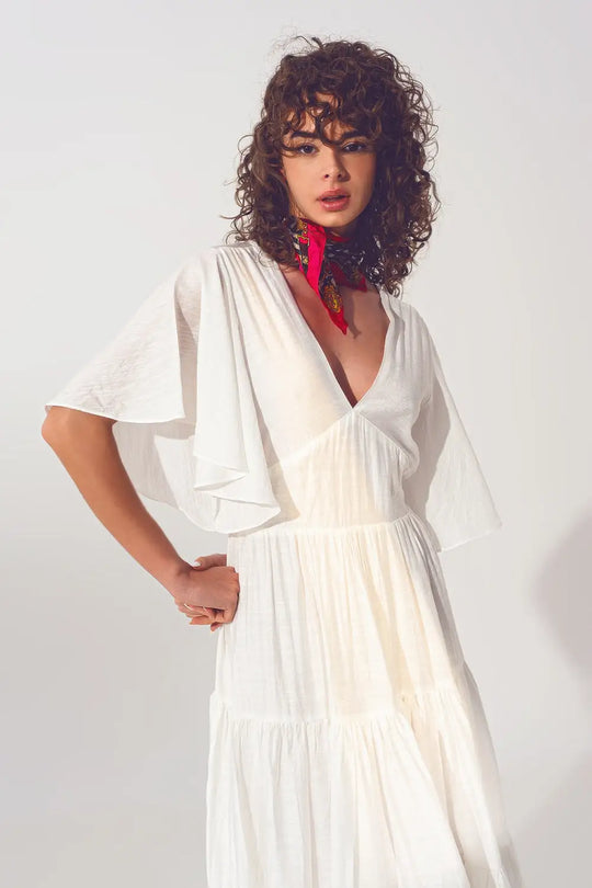 Robe Longue à Col V et Smocks en Blanc - Vestidos