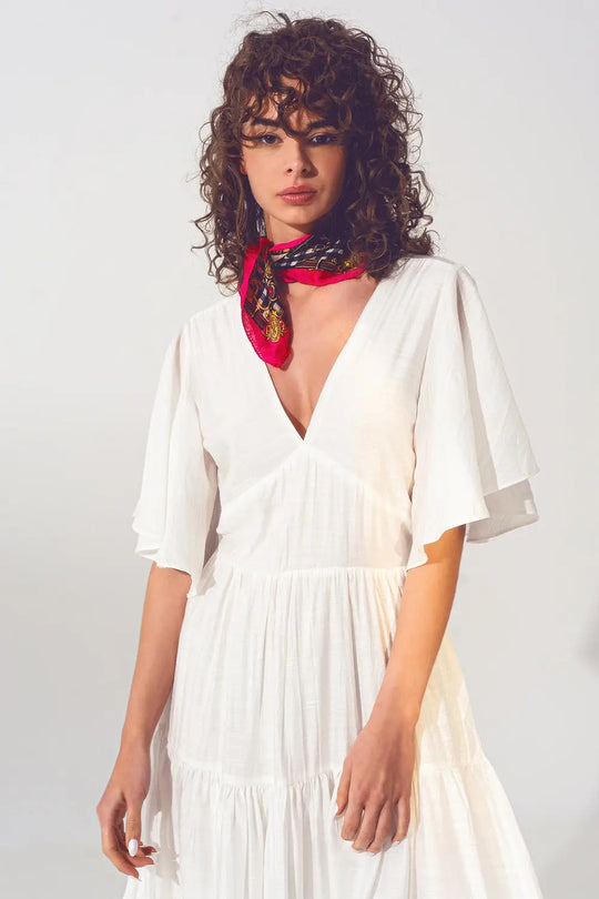 Robe Longue à Col V et Smocks en Blanc - Vestidos