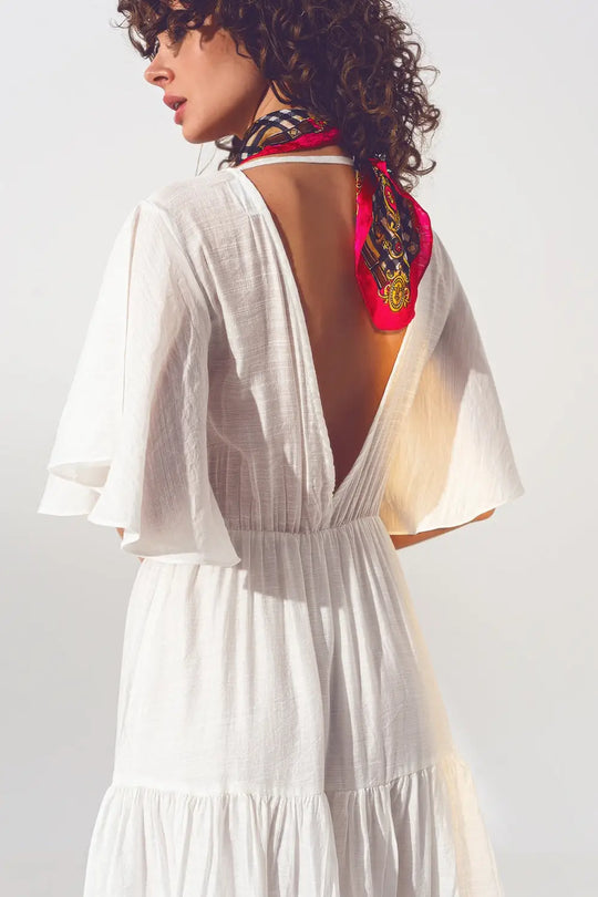 Robe Longue à Col V et Smocks en Blanc - Vestidos