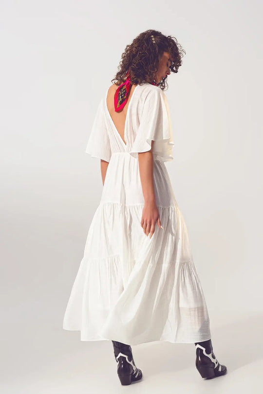 Robe Longue à Col V et Smocks en Blanc - Vestidos