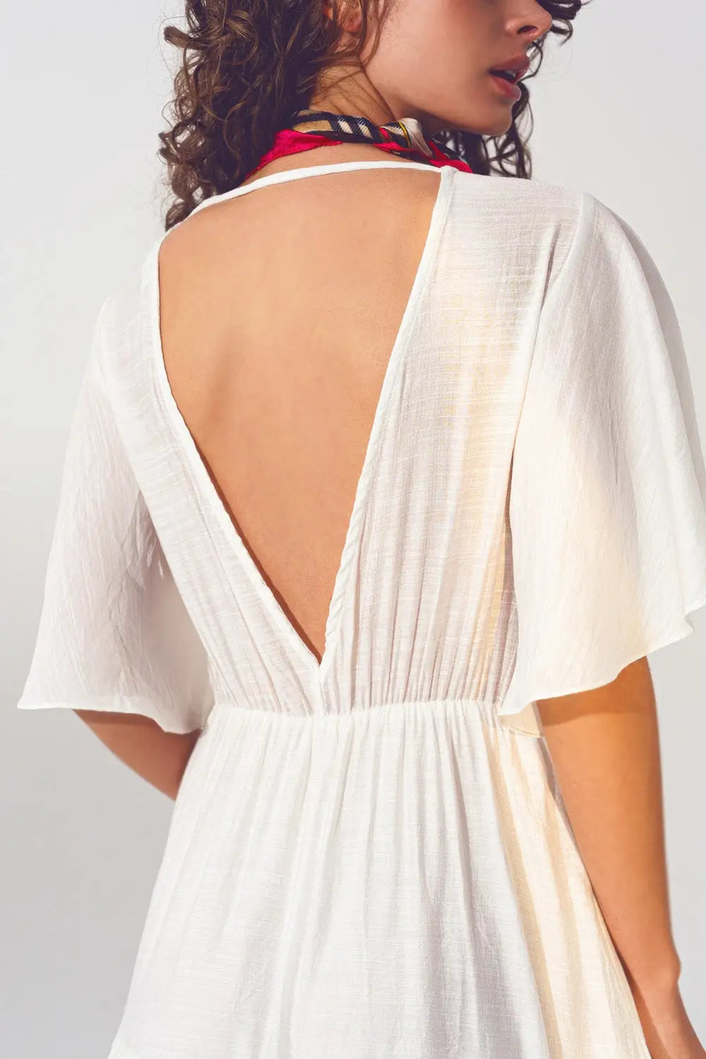 Robe Longue à Col V et Smocks en Blanc - Vestidos
