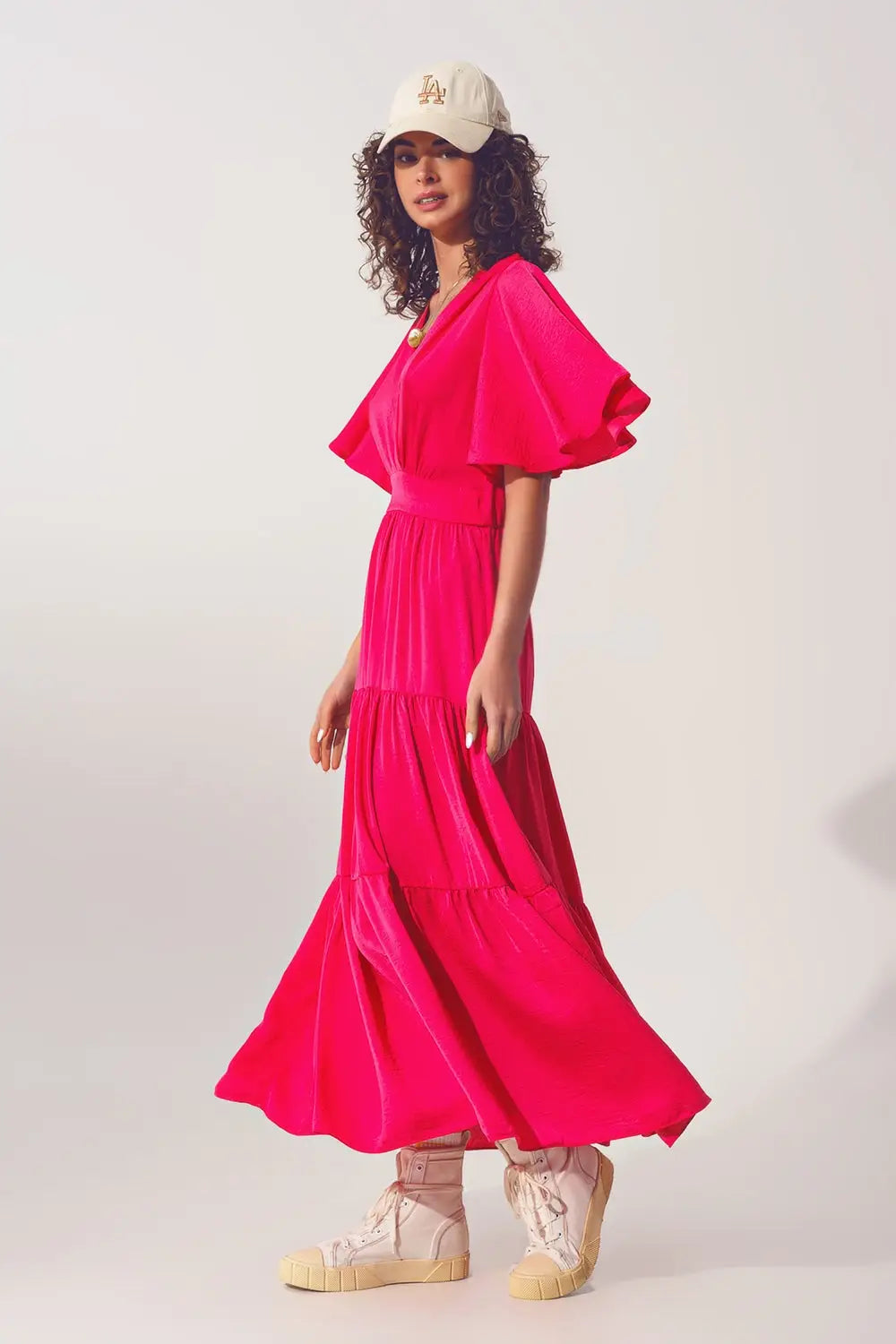 Robe Longue à col V et Smocks en fucsia - Vestidos