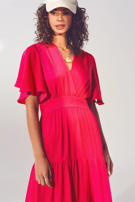 Robe Longue à col V et Smocks en fucsia - Vestidos