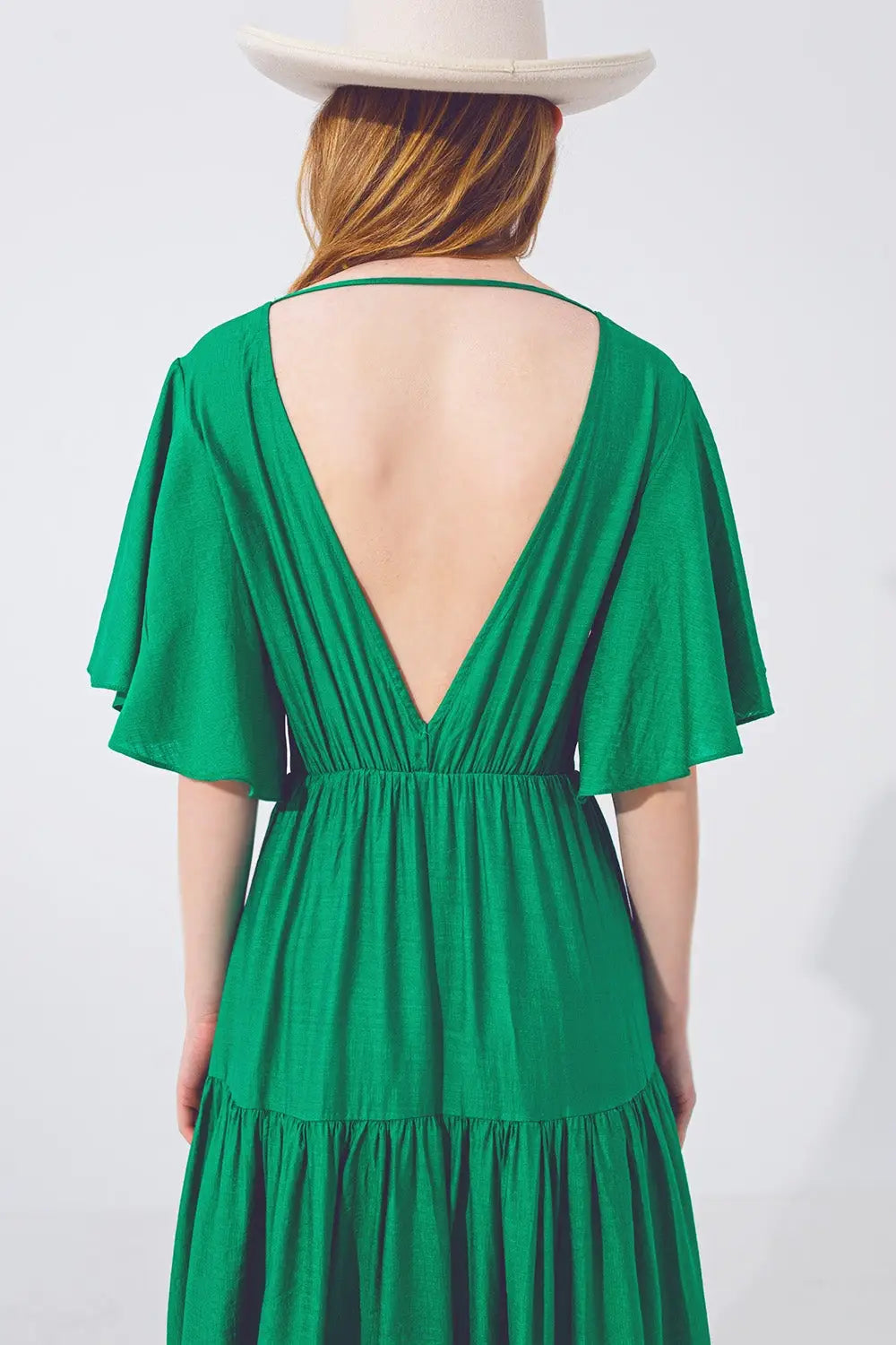 Robe Longue à Col V et Smocks en Vert - Vestidos