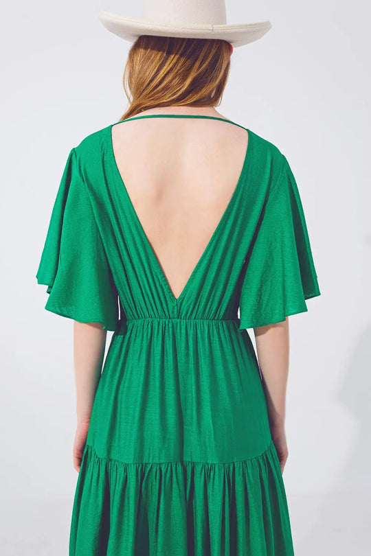 Robe Longue à Col V et Smocks en Vert - Vestidos