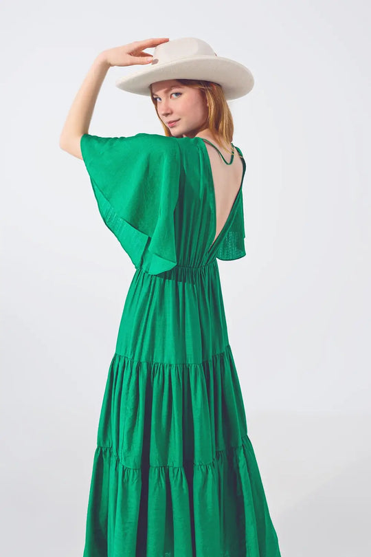 Robe Longue à Col V et Smocks en Vert - Vestidos