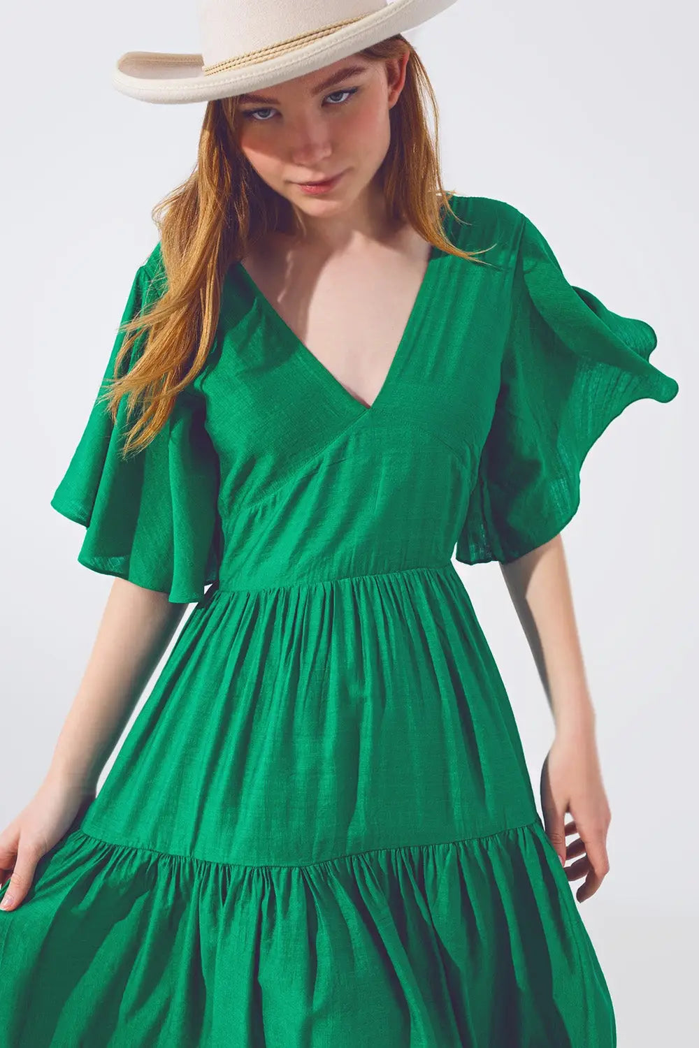 Robe Longue à Col V et Smocks en Vert - Vestidos