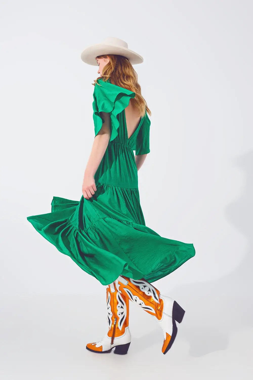 Robe Longue à Col V et Smocks en Vert - Vestidos