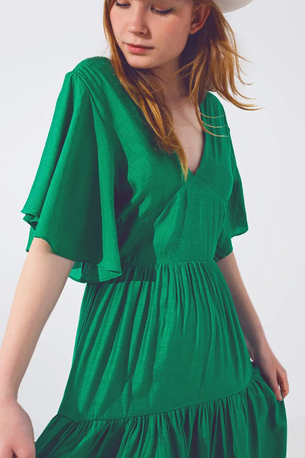 Robe Longue à Col V et Smocks en Vert - Vestidos