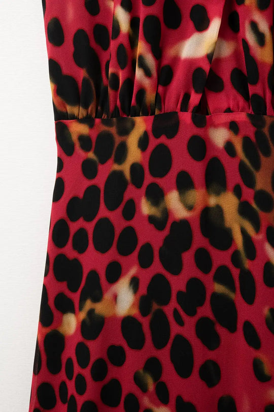 Robe longue à collier croisé en rouge et noir imprimé animalier - Vestidos