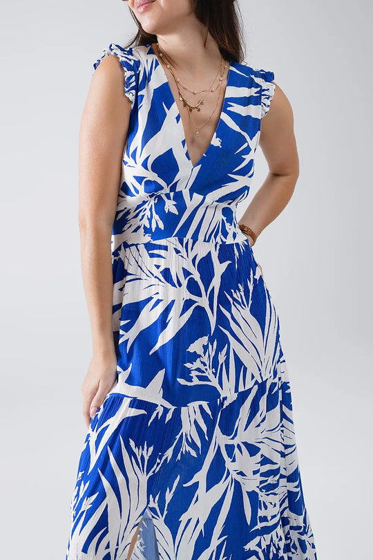 Robe longue à encolure en V et fendue imprimé tropical en bleu - Vestidos