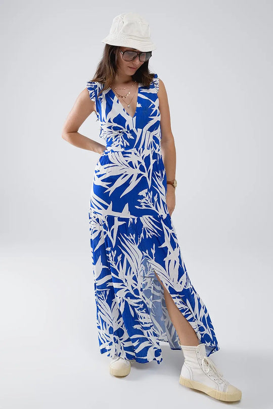 Robe longue à encolure en V et fendue imprimé tropical en bleu - Vestidos