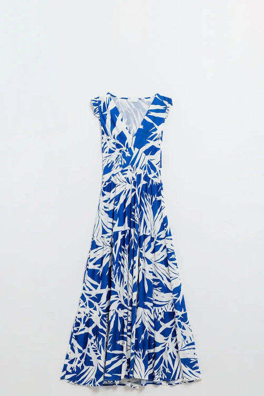 Robe longue à encolure en V et fendue imprimé tropical en bleu - Vestidos