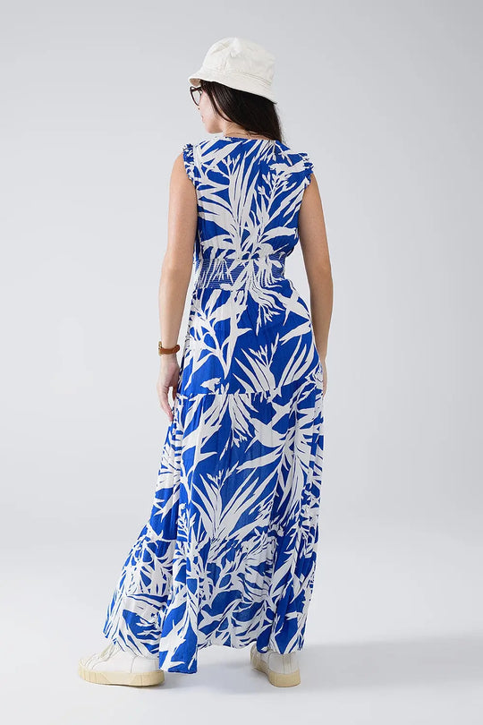 Robe longue à encolure en V et fendue imprimé tropical en bleu - Vestidos