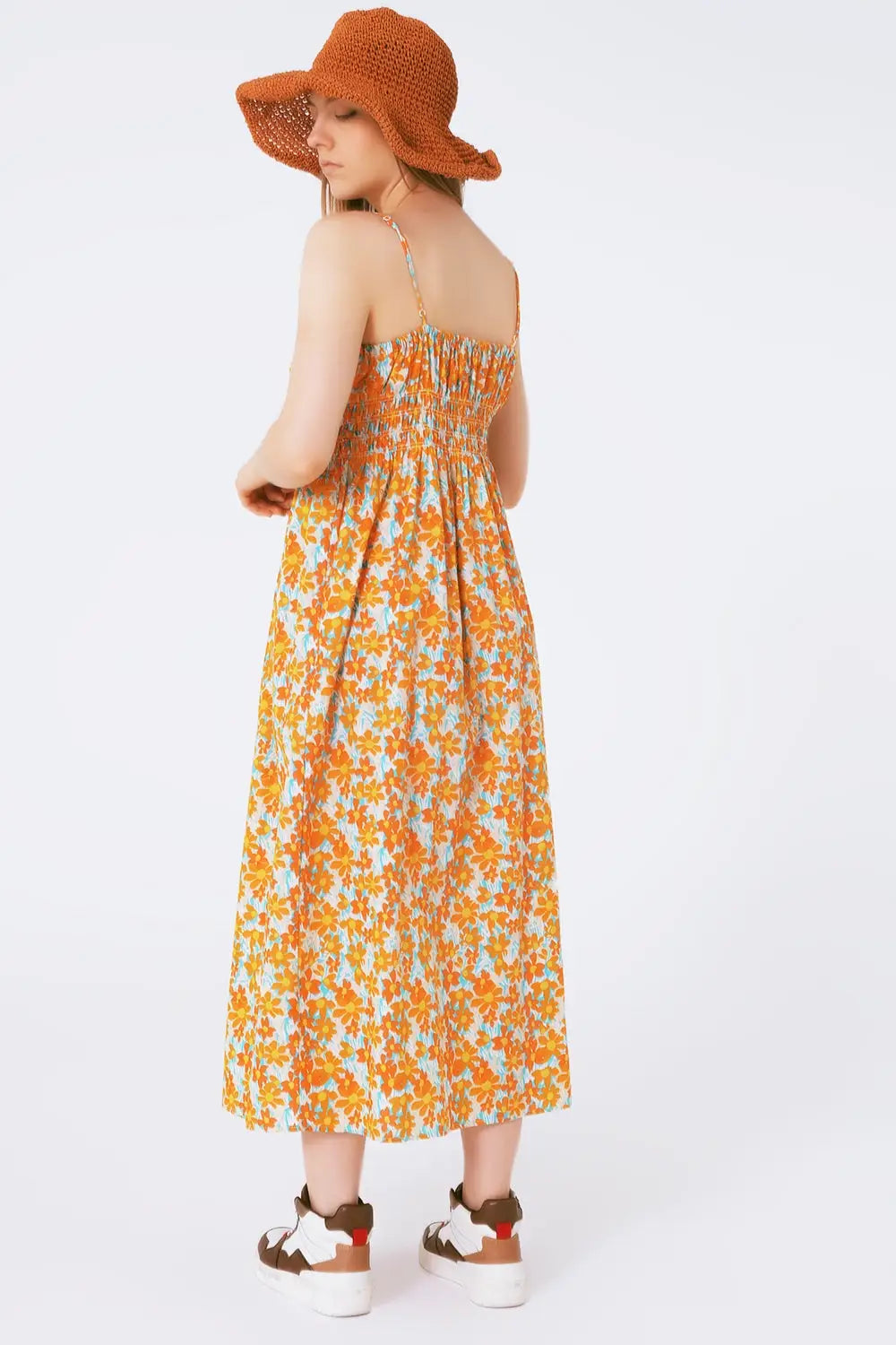 Robe longue à imprimé fleurs avec fines bretelles orange - Vestidos