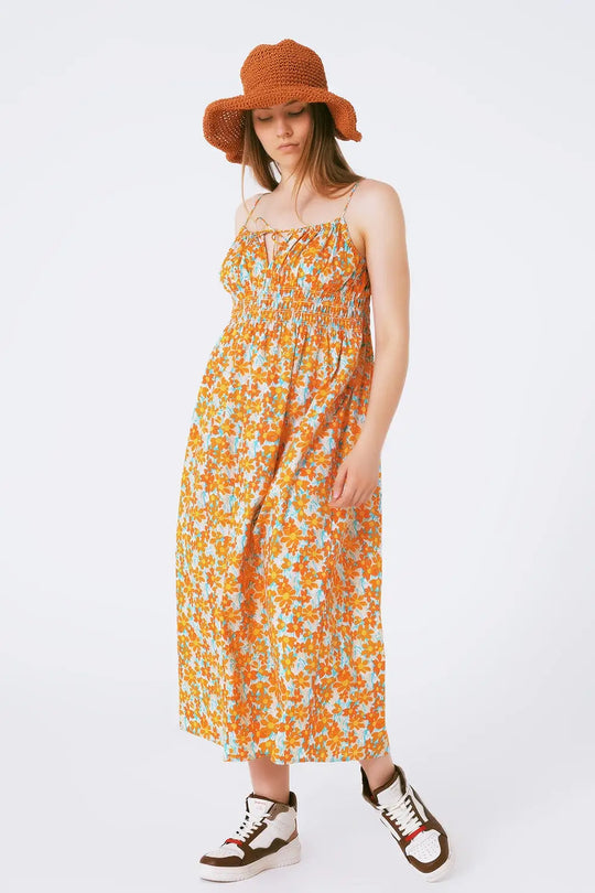 Robe longue à imprimé fleurs avec fines bretelles orange - Vestidos