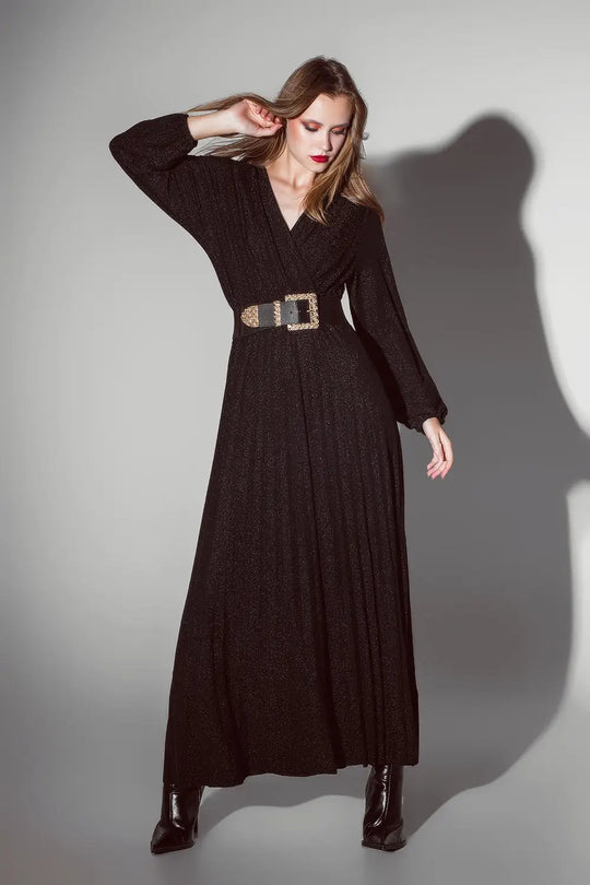 Robe longue à manches longues avec paillettes en noir - Vestidos