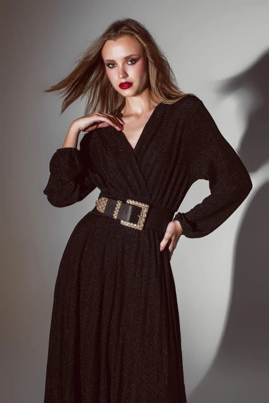 Robe longue à manches longues avec paillettes en noir - Vestidos