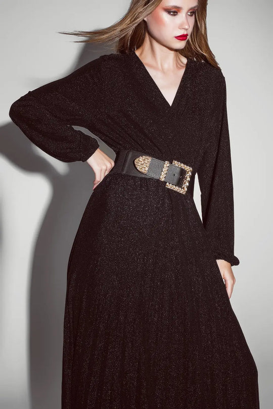Robe longue à manches longues avec paillettes en noir - Vestidos