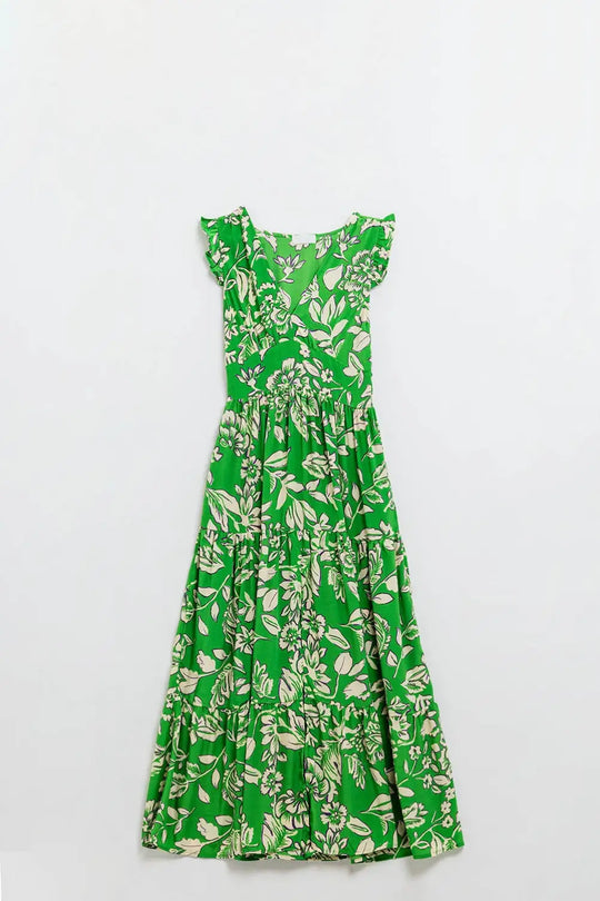 Robe longue à taille cintrée à imprimé floral en vert - Vestidos