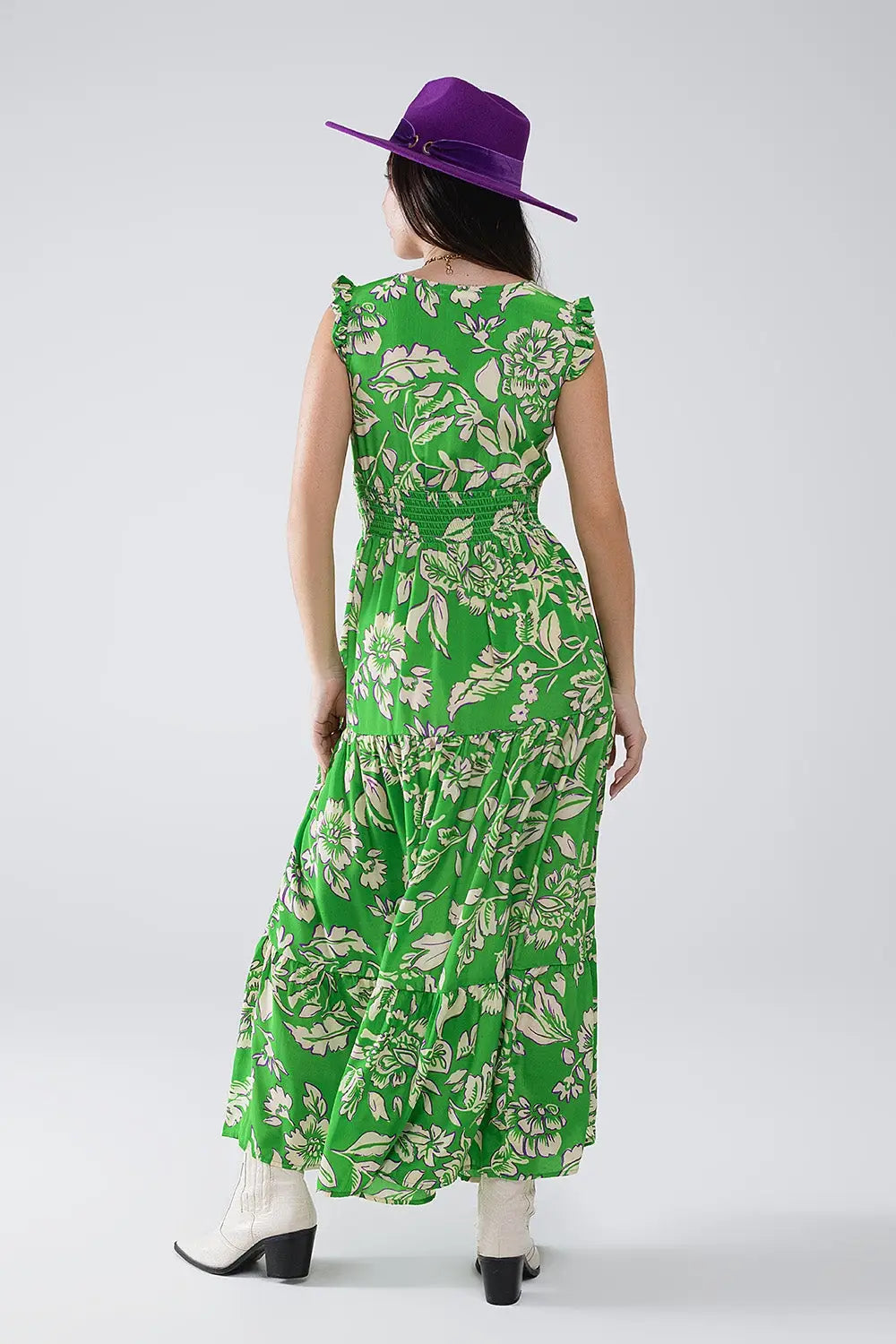 Robe longue à taille cintrée à imprimé floral en vert - Vestidos