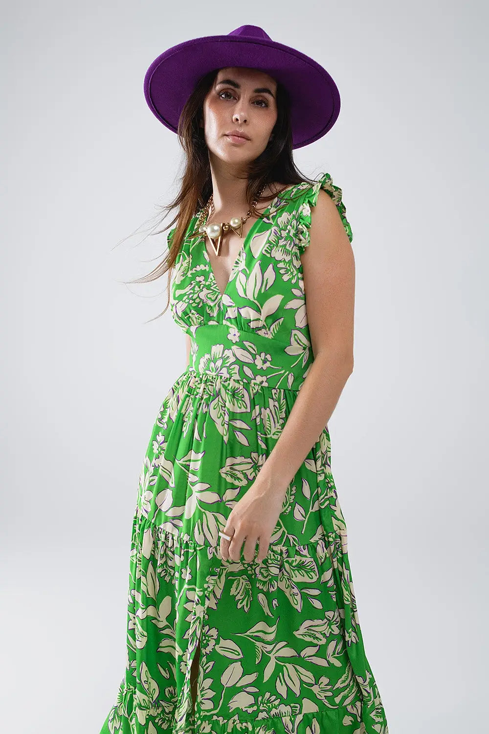 Robe longue à taille cintrée à imprimé floral en vert - Vestidos