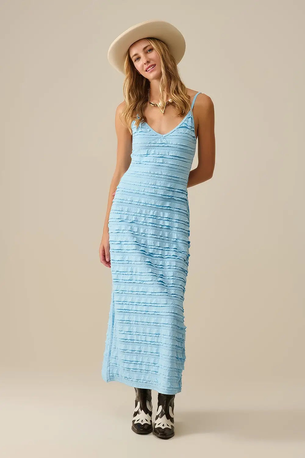 Robe longue à volants en bleu avec bretelles - Vestidos