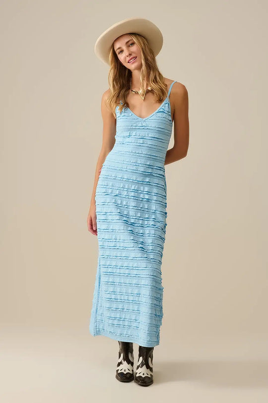 Robe longue à volants en bleu avec bretelles - Vestidos