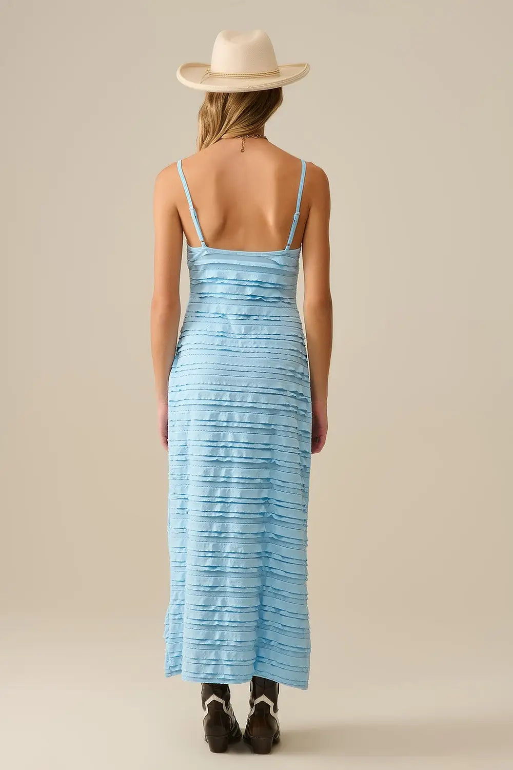 Robe longue à volants en bleu avec bretelles - Vestidos
