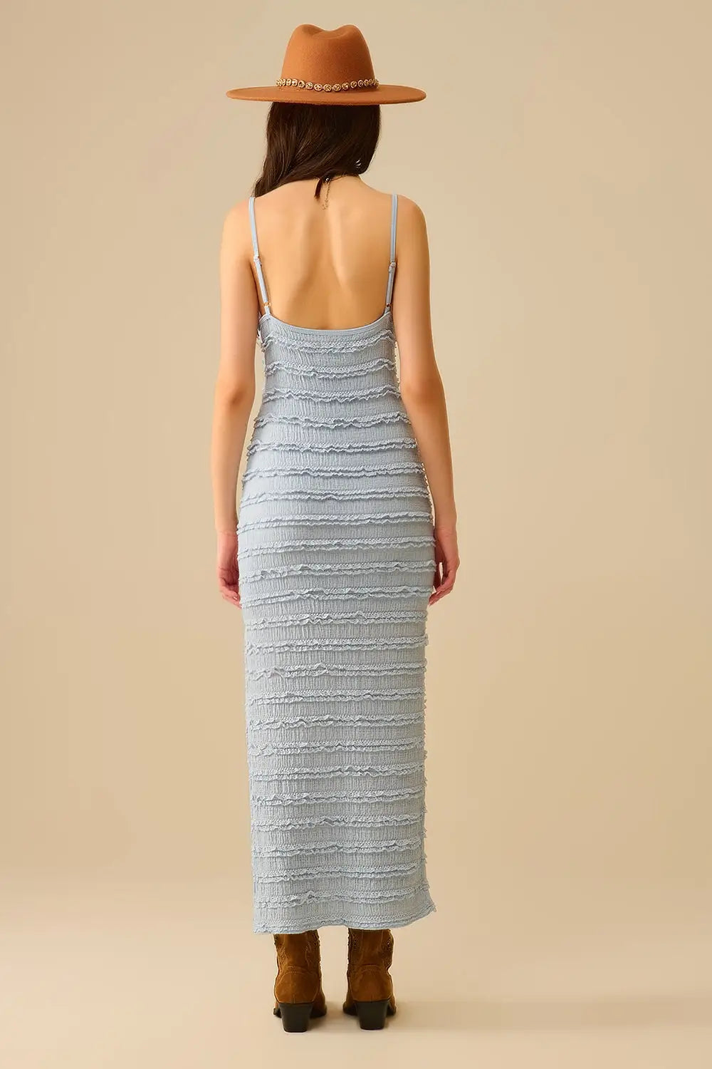 Robe longue à volants et fente en bleu - Vestidos