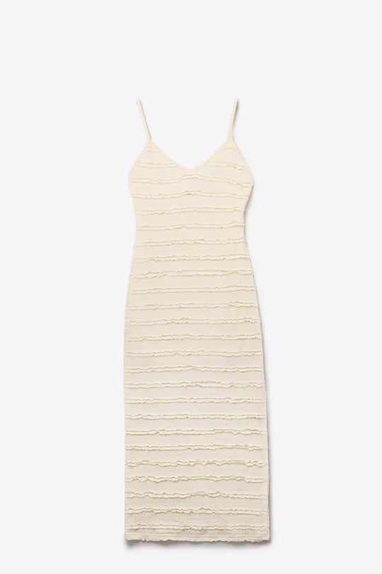 Robe longue à volants et fente en couleur crème - Vestidos