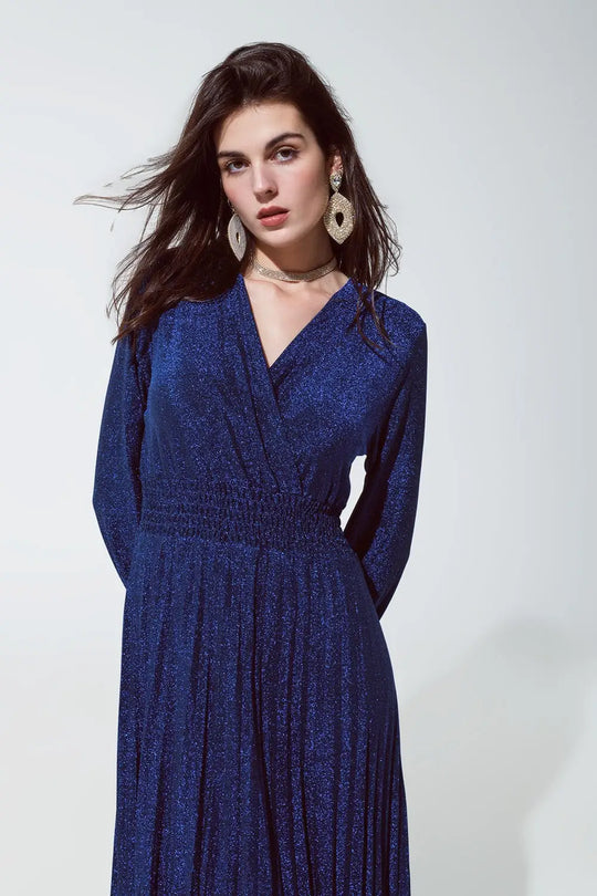 Robe longue ajustée à taille haute avec col en V bleue et brillante - Vestidos