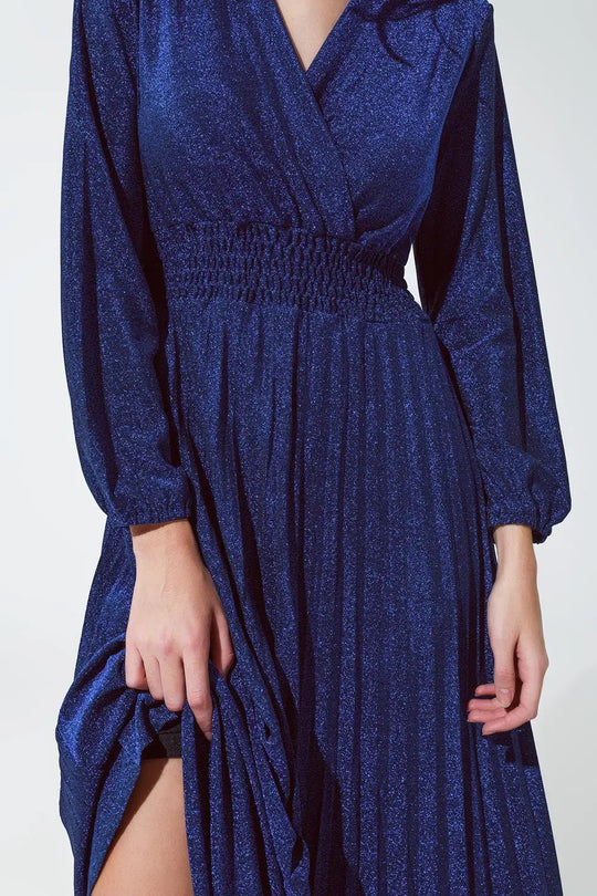 Robe longue ajustée à taille haute avec col en V bleue et brillante - Vestidos