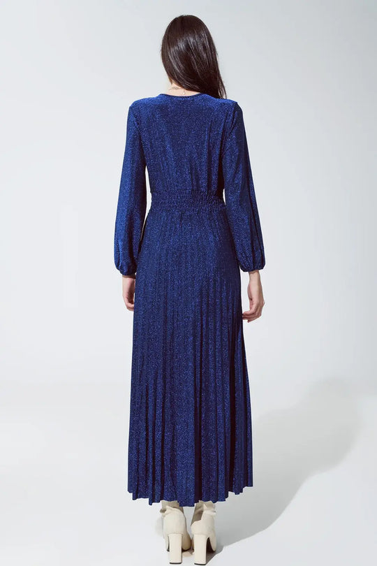 Robe longue ajustée à taille haute avec col en V bleue et brillante - Vestidos