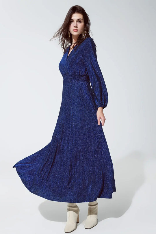 Robe longue ajustée à taille haute avec col en V bleue et brillante - Vestidos