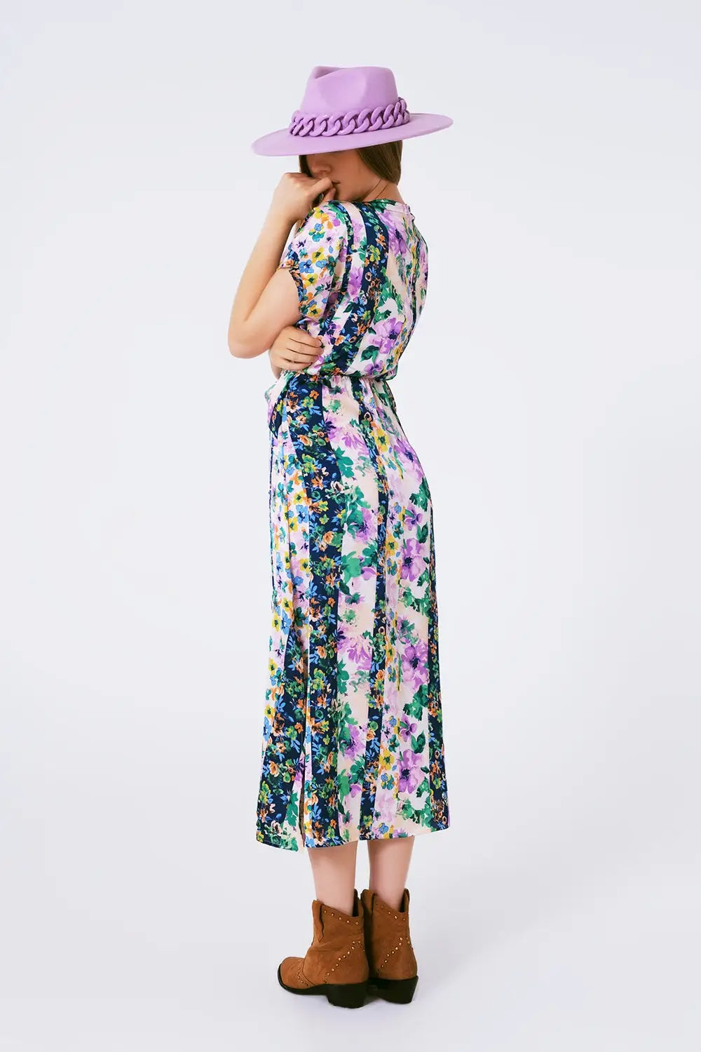 Robe longue avec nœud avant et imprimé floral en couleur violet et multicolore vert - Vestidos