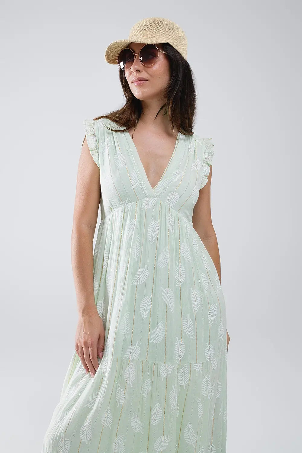 Robe longue babydoll boho à imprimé feuilles et lurex en menthe - Vestidos