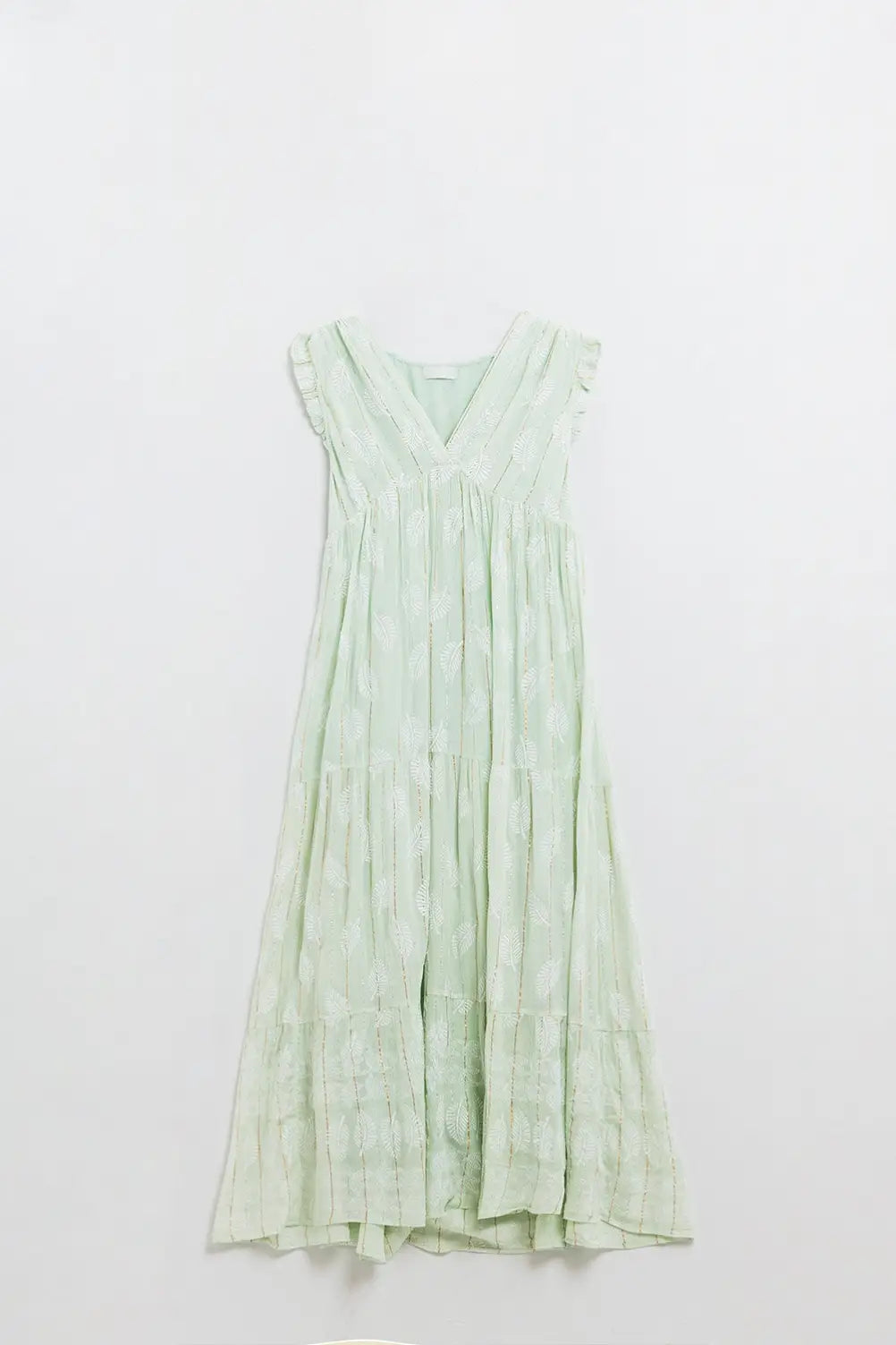 Robe longue babydoll boho à imprimé feuilles et lurex en menthe - Vestidos